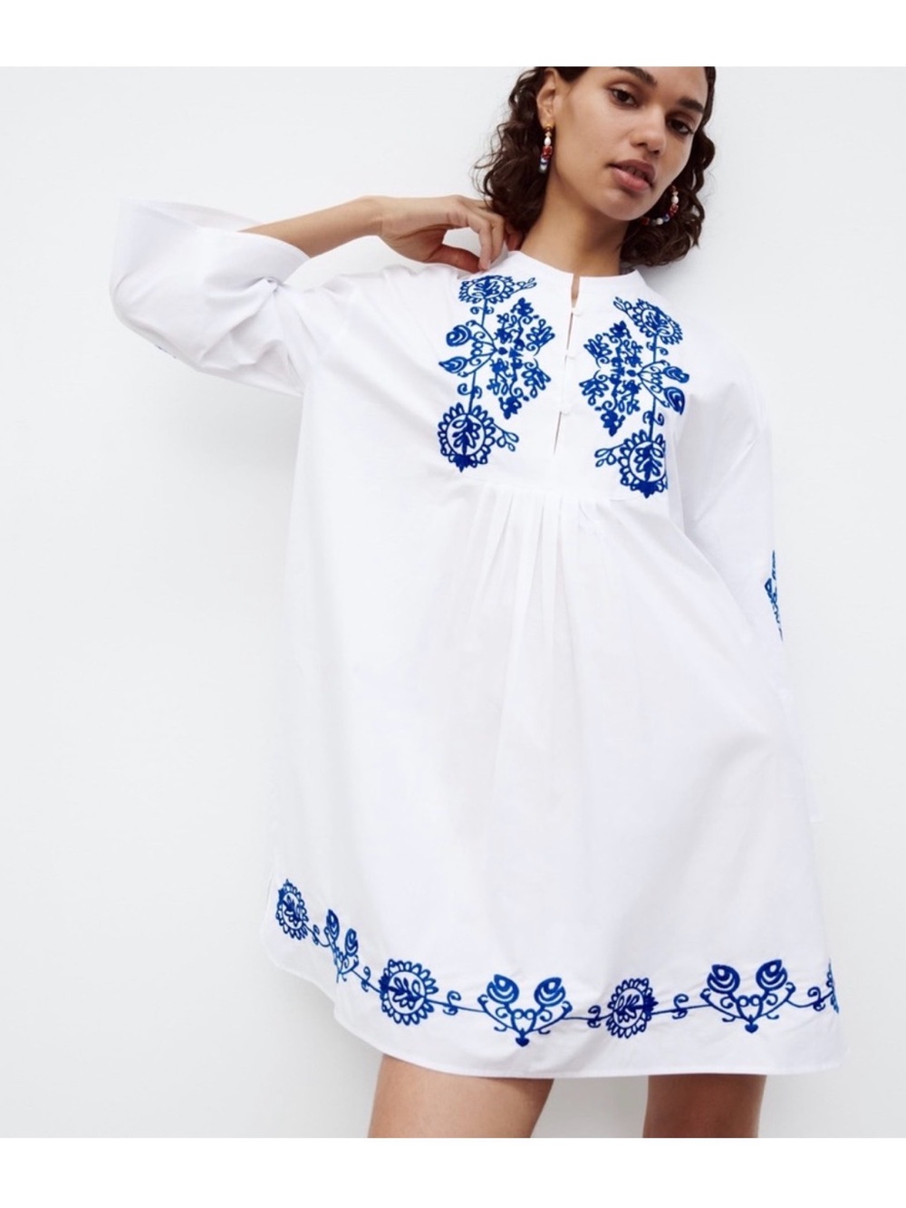 Zara White Mini Dress with Blue Floral Embroidery